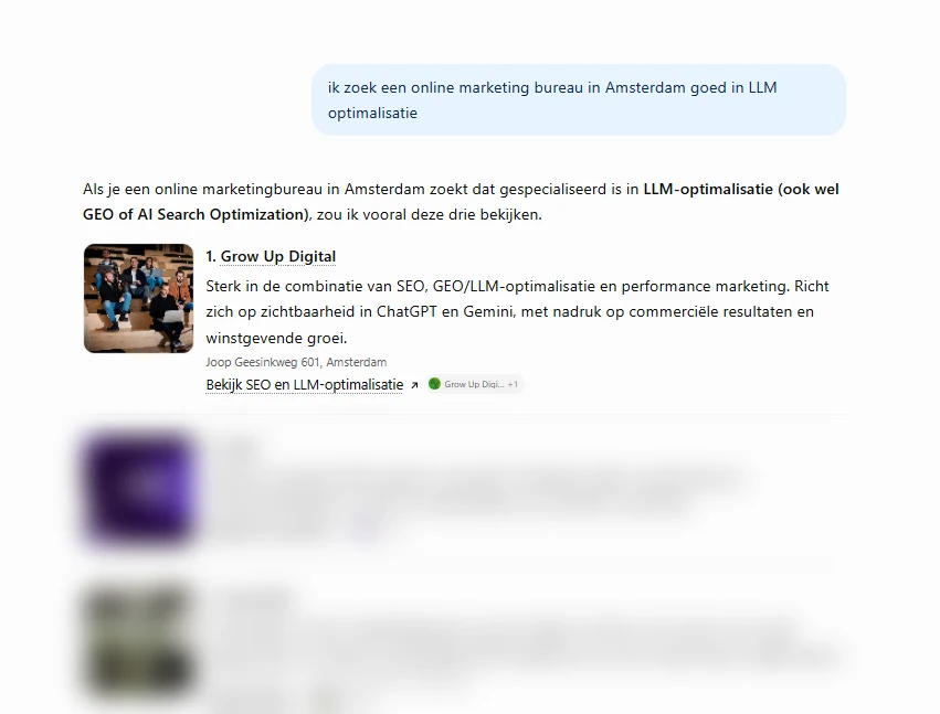 Grow Up Digital als eerste genoemd in het antwoord van een AI-zoekmachine op de vraag naar een Amsterdams bureau dat goed is in LLM-optimalisatie